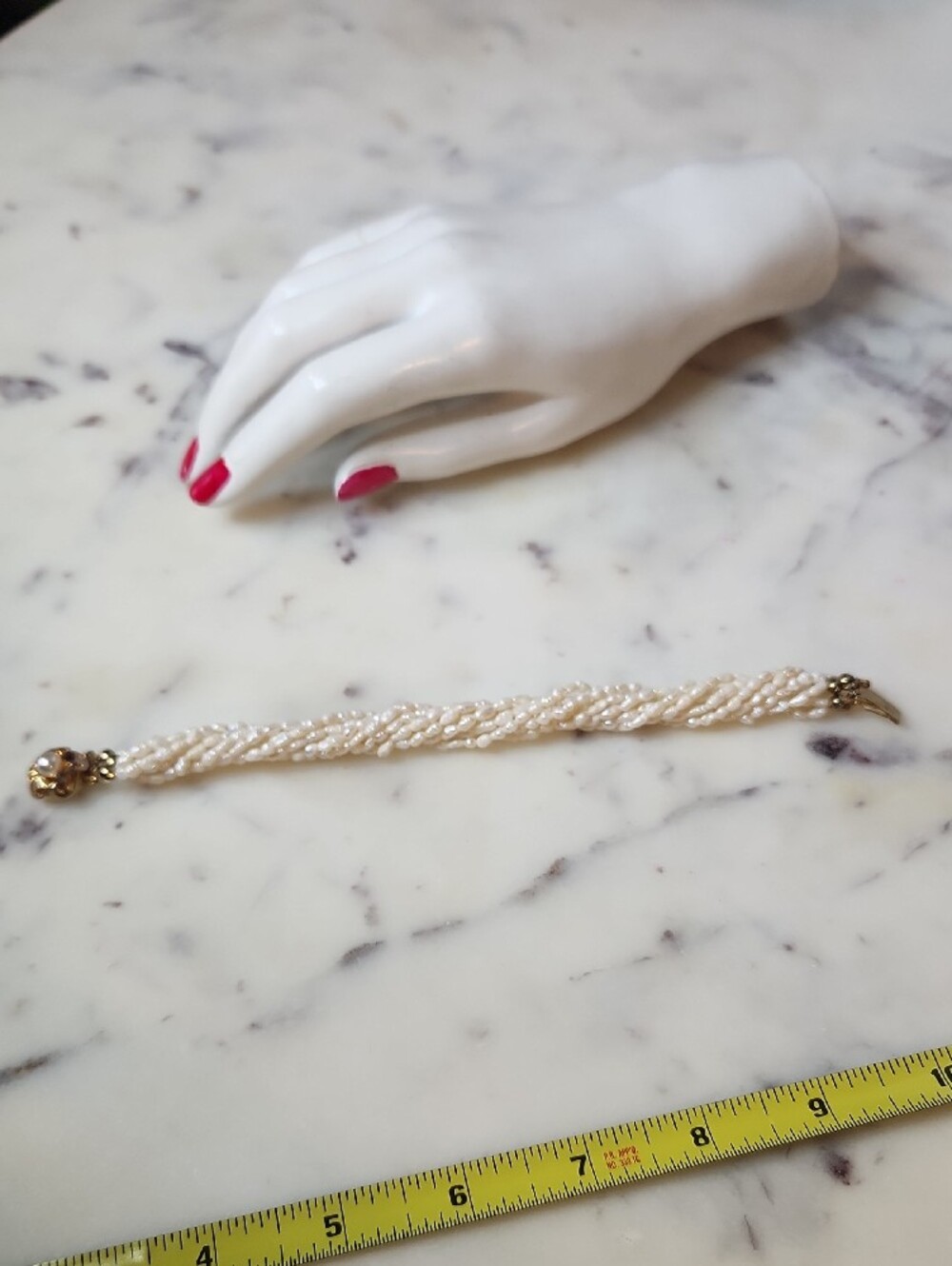 Vintage Freshwater Pearl Beaded | Gold-Tone Ornate Push Clasp Bracelet - Picture 8 of 10